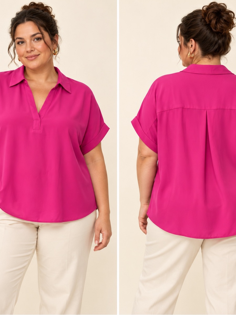 Reitmans Fuchsia Button-Down Short Sleeve Collared Blouse